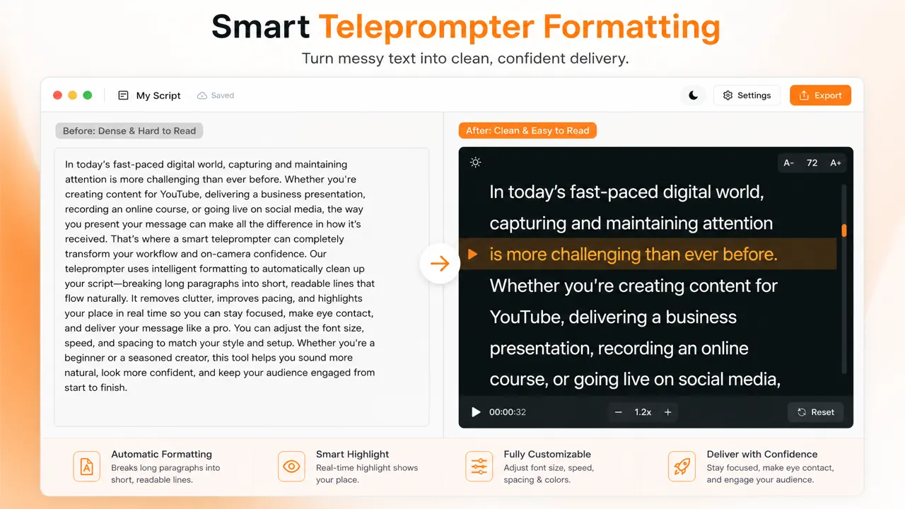 Smart teleprompter formatting and script reader layout