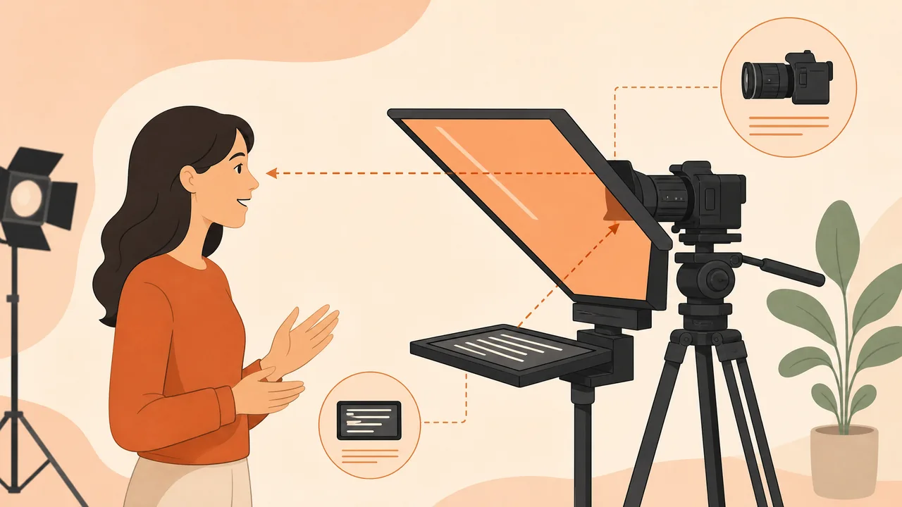 Illustration of a camera teleprompter with beam-splitter glass