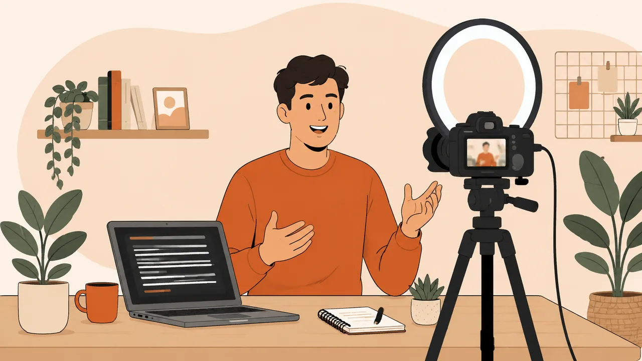 Creator filming a talking-head video with a teleprompter script