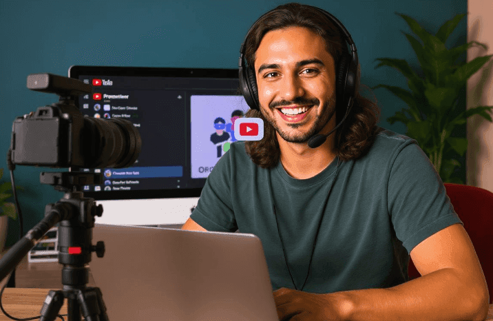 A YouTuber using our free teleprompter for YouTube to record a video.