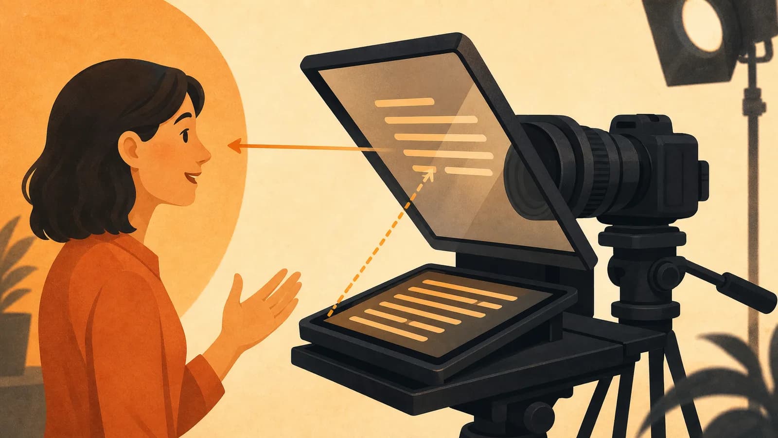 How a teleprompter works with beam-splitter glass and camera setup